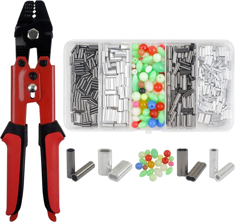 JOGFFDE Fishing Crimping Tool Fishing Wire Line Crimping Rigging Kit Fishing Pliers Wire Rope Leader Crimp Tool with 500pcs Fishing Crimp Sleeves Beads Set Wire Rope Crimping Tool(Red) - Image 1